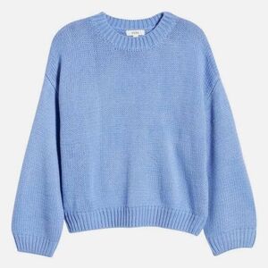 PRIMA Blue Chunky Knit Easy Pullover Sweater Ribbed Trim